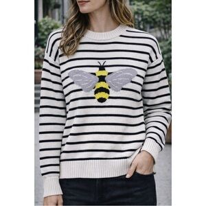 LOFT Bee Stripe Sweater Medium Black White Cotton Crewneck Long Sleeve